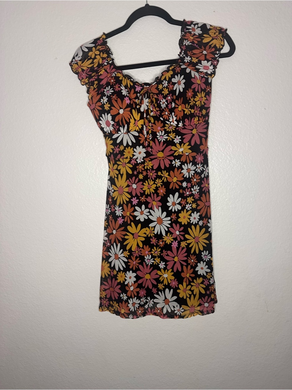 No Boundaries Black Floral Mini Dress with Pink, Yellow & White Daisies